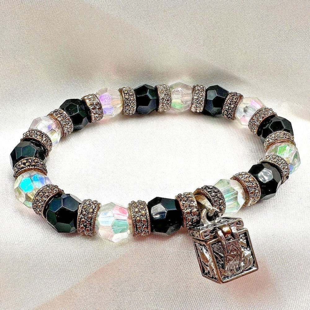 Vintage 90s‎ Glass Bead Silver Tone Locket Charm Bracelet Boho Fashion Jewelry